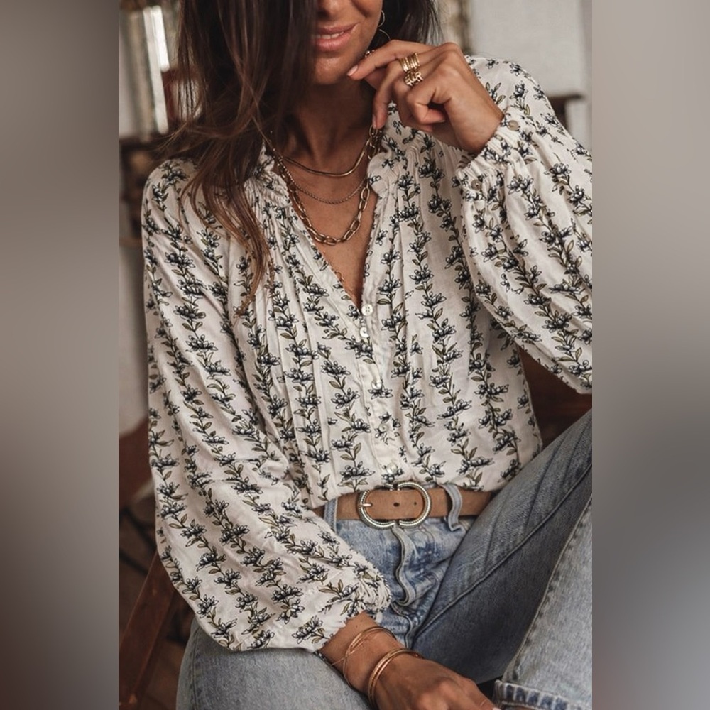 June and Delancey Floral Blouse Button Down Shirt Top M